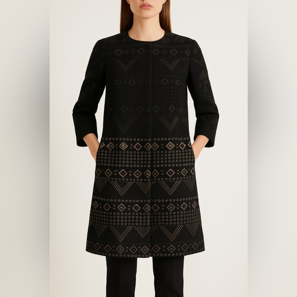 Vintage Max Mara Black Jacquard Wool Coat - Picture 2 of 16